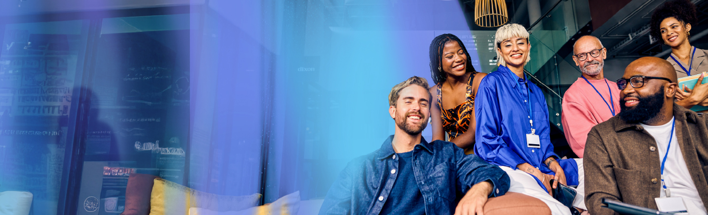 Team collaborating in a modern office lounge.