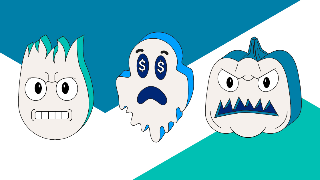 Three icons of a green angry fire, ghost and pumpkin on a white and blue and aqua background.