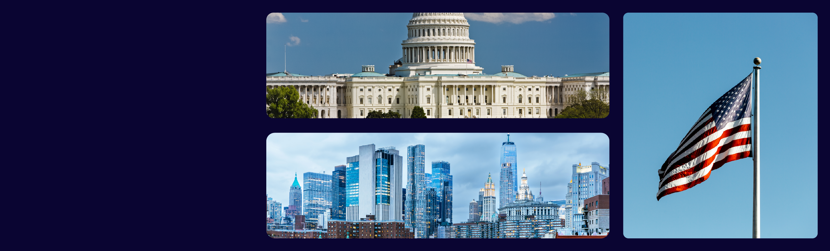 Pictures of the United States (US) Capitol in Washington D.C., a skyline of the city of New York and the American star and striped flag, in a dark blue background.