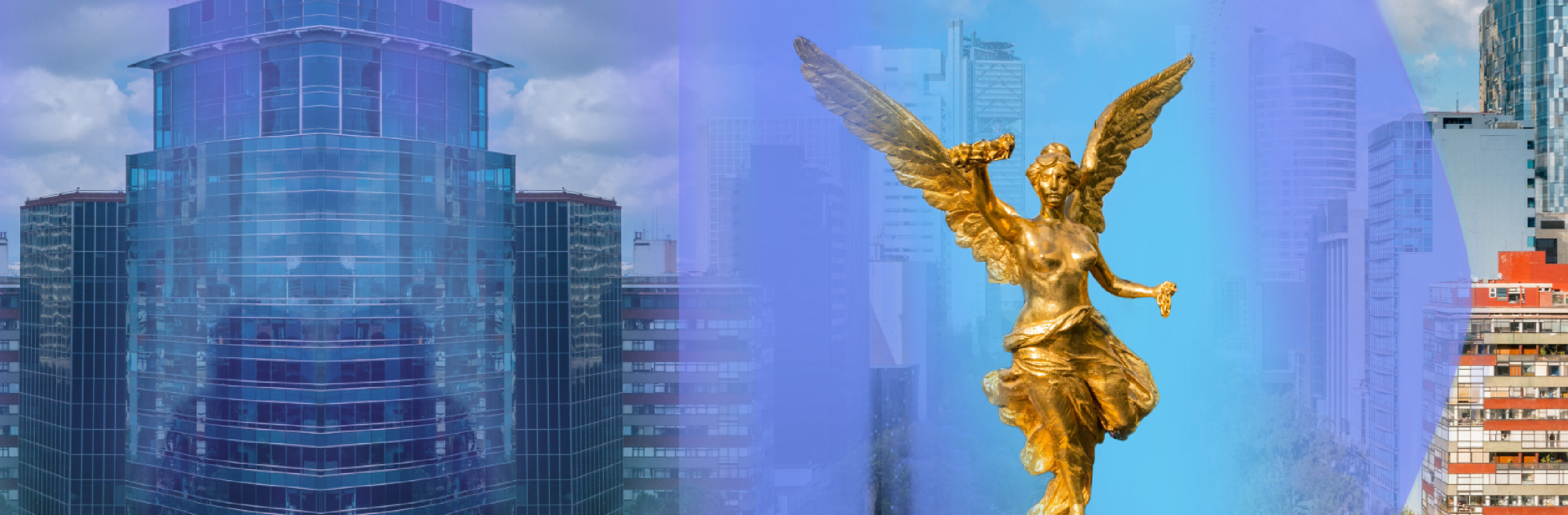 A picture of the golden statue: 'Ángel de la Independencia' on Mexico's famed avenue, Reforma. Behind it, multiple buildings.