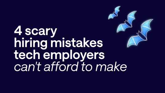 Illustration of three bats with light blue wings flying against a dark blue background with a White text reading: 4 scary hiring mistakes tech employers can't afford to make.