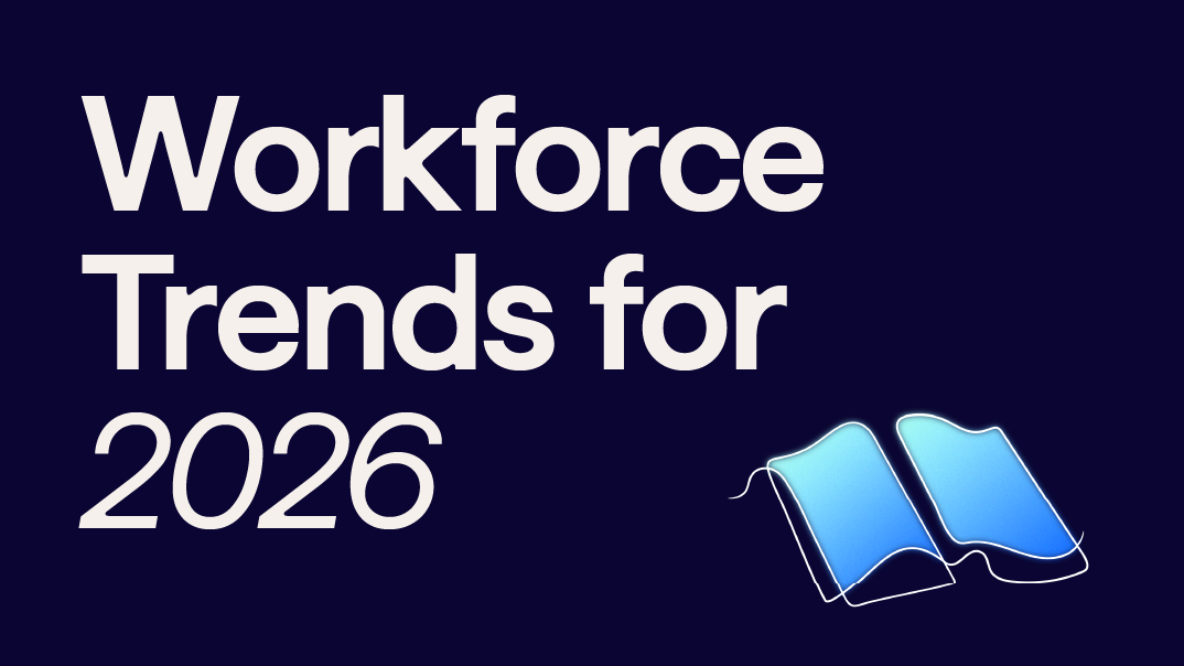 A dark blue background with an illustration of a book and the following text in white letters: Workforce trends for 2026