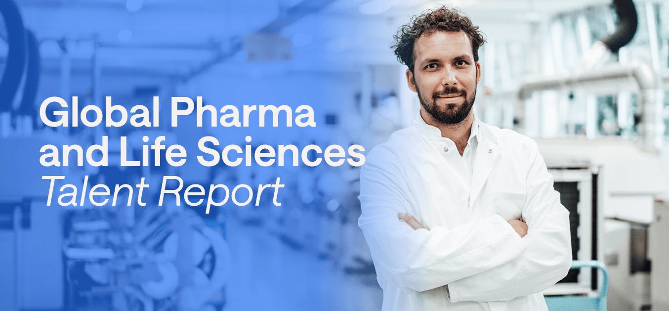A man inside a laboratory and wearing a white lab coat. On the left-hand side there are some words on a blue gradient that say: Global Pharma and Life Sciences Talent Report.