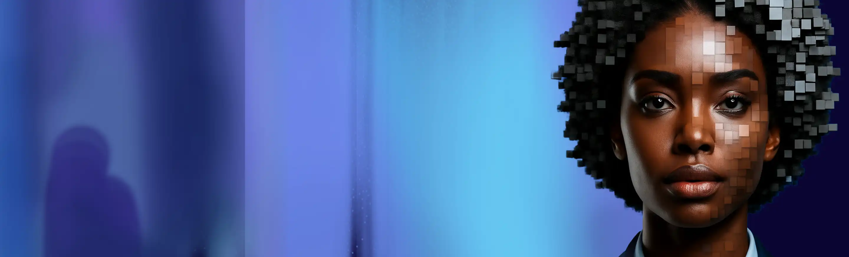 A woman looks serious as she stares ahead on a blue, purple and black background.