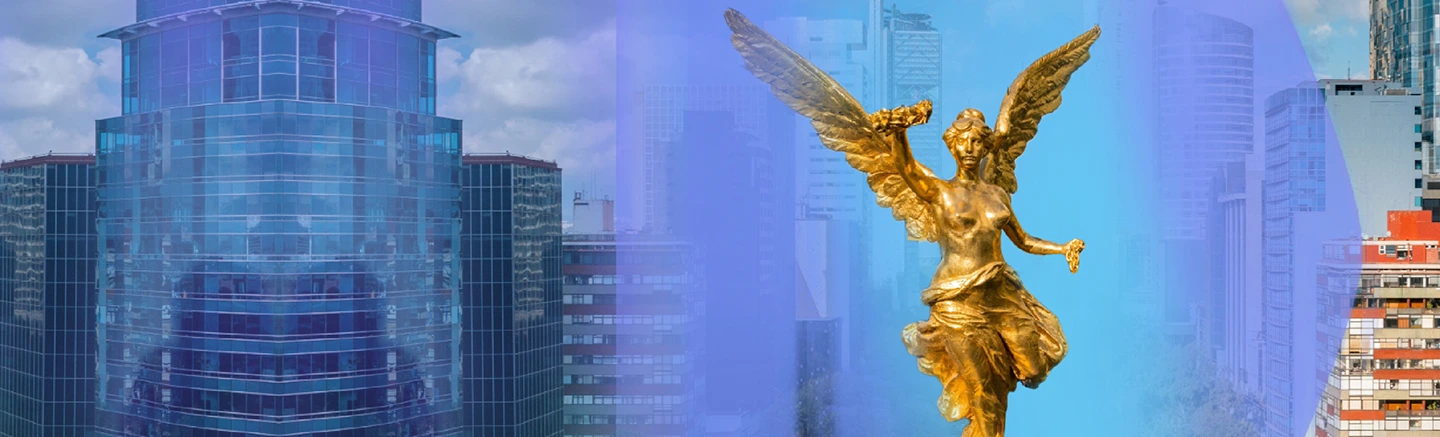 A picture of the golden statue: 'Ángel de la Independencia' on Mexico's famed avenue, Reforma. Behind it, multiple buildings.