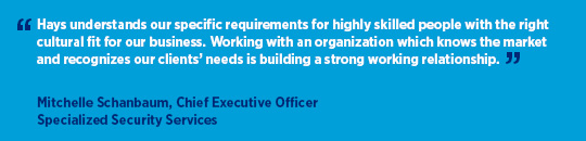 Client testimonial for Hays from Mitchelle Schanbaum, Chief Executive Officer at Specialized Security Services