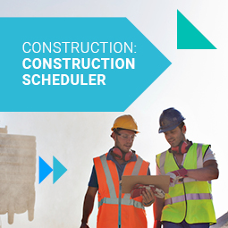 Two men in hardhats and orange and green security vests look at a board on a construction site. On the right hand side there's a light blue arrow with the words Construction: Construction Scheduler.