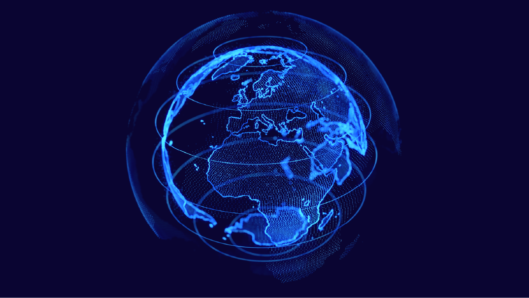 A digital representation of the Earth is shown with a dark blue background. The continents are outlined in bright blue lines, and multiple curved lines encircle the globe, suggesting data flow or communication networks. The image highlights Europe, Africa, and parts of Asia and South America.