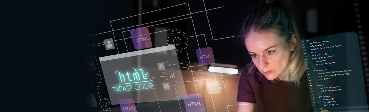 A woman looks forward intently. Around her there are a bunch of floating screens with code and the word HTML.