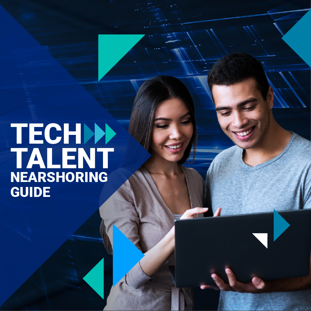 A young man and woman smile while looking at a laptop. On a blue triangle to the left there's a text that says: Tech Talent Nearshoring Guide.