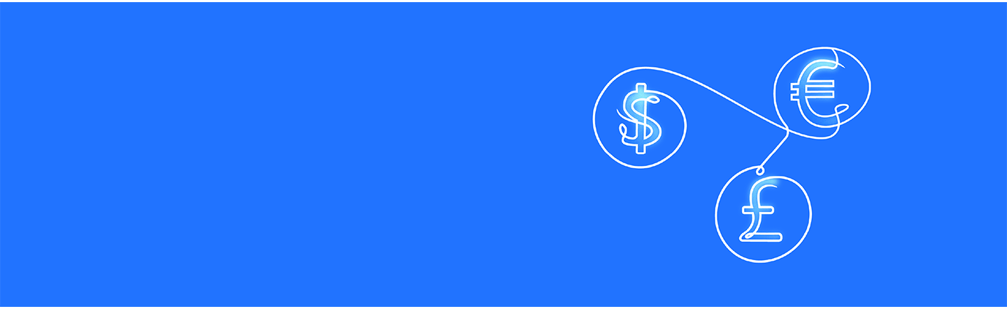 Blue background featuring three connected currency symbols: dollar ($), euro (€), and pound (£), linked by lines to represent global financial connections.